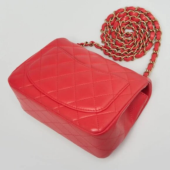 Chanel Red Quilted Lambskin Leather Classic Square Mini Flap Bag - Picture 3 of 9